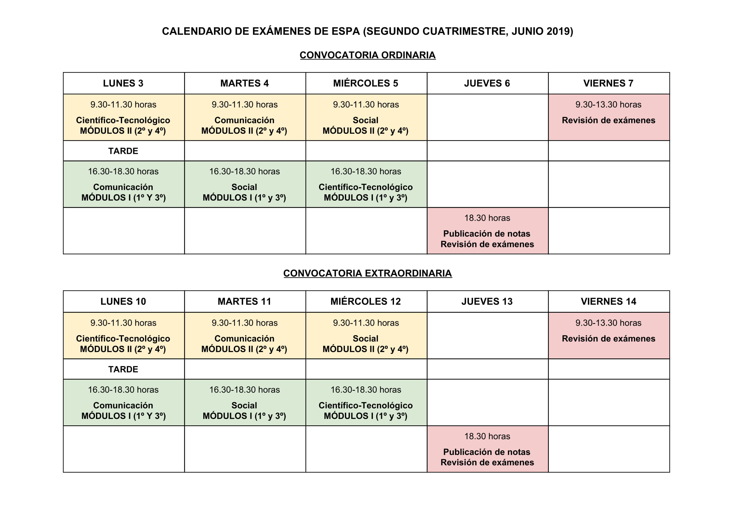CALENDARIO DE EXÁMENES DE ESPA JUNIO 2019 copia copia