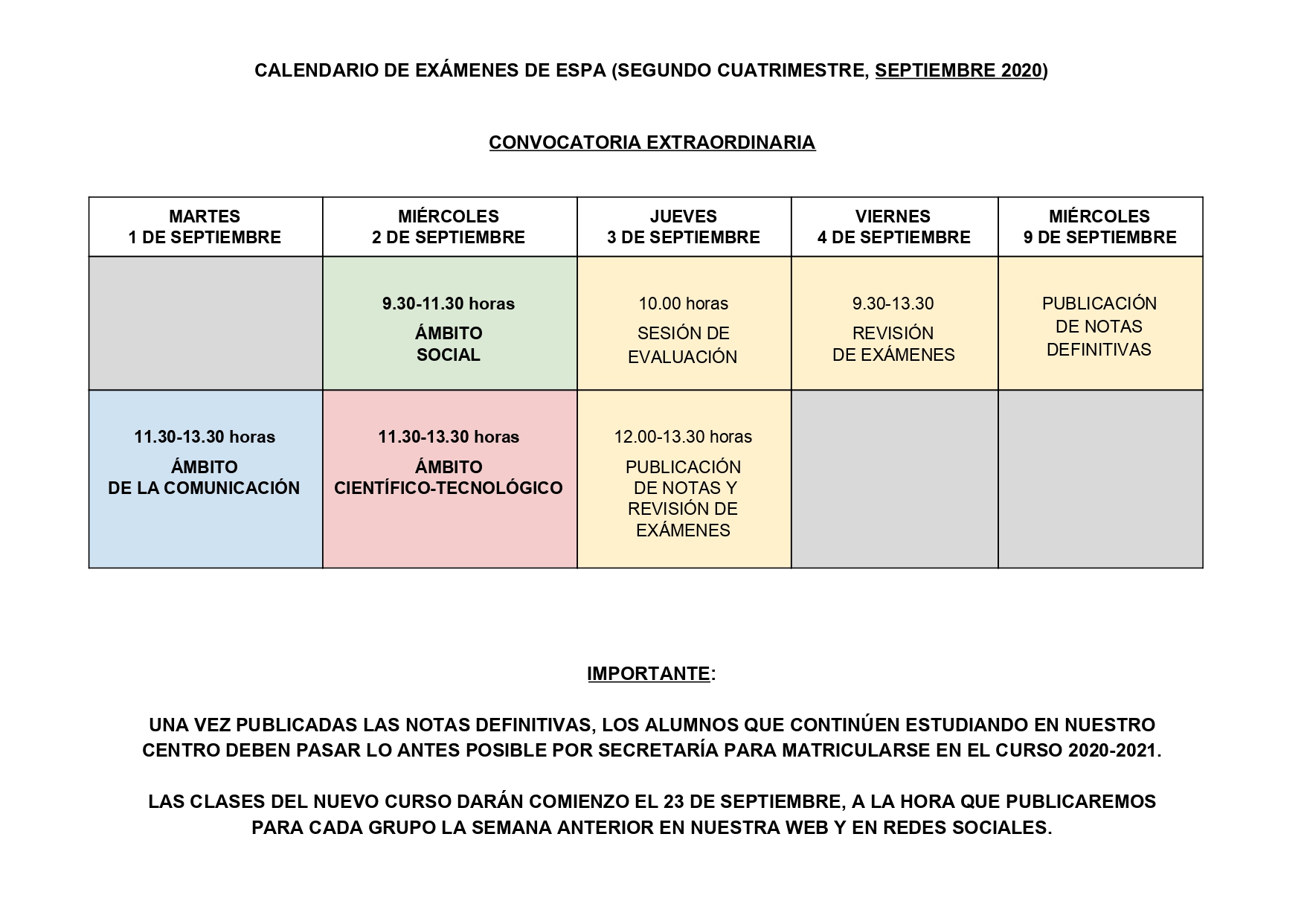 CALENDARIO DE EXÁMENES DE ESPA SEPTIEMBRE 2020