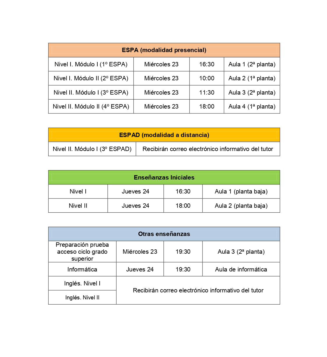 Horario Presentación septiembre 2020